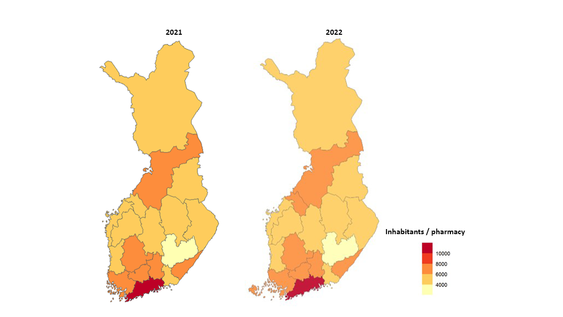The map charts show the number of residents per pharmacy by region in 2021 and 2022. In proportion to inhabitants, the largest number of pharmacies are found in Southern Savonia and the least in Uusimaa. 