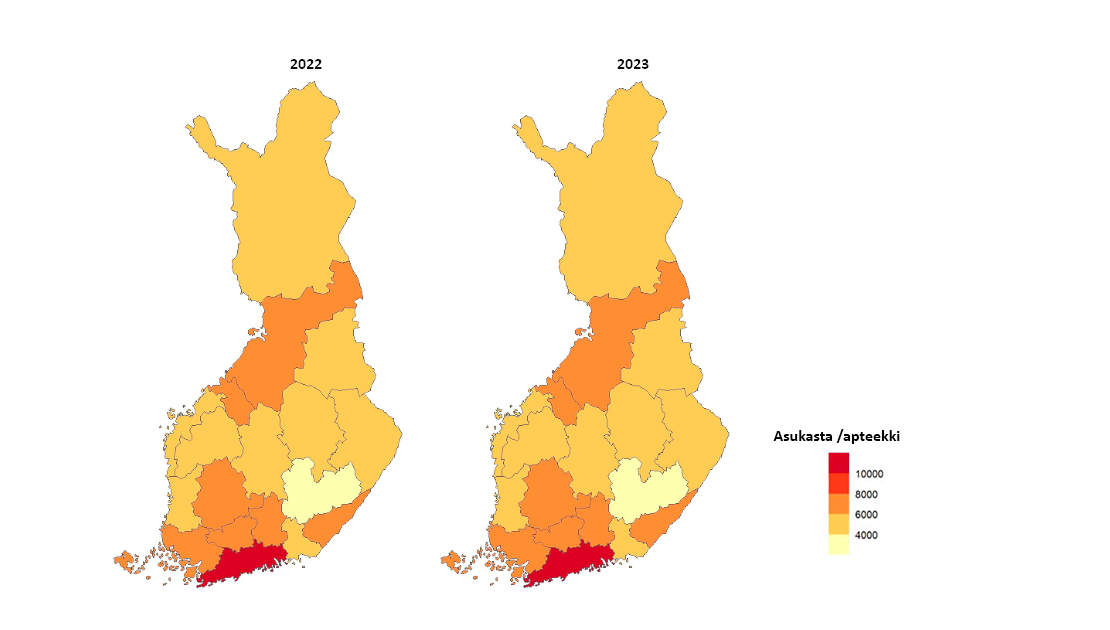 Karttakuviossa on väreillä kuvattu maakuntakohtaisia eroja asukkaiden lukumäärässä apteekkia kohden vuosina 2022 ja 2023. Apteekkeja on väestömäärään suhteutettuna eniten Etelä-Savossa ja vähiten Uudellamaalla. Lukumääräisesti apteekkeja on eniten Uudellamaalla ja vähiten Ahvenanmaalla, Keski-Pohjanmaalla ja Kainuussa.
